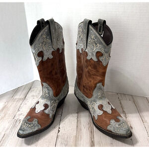 Rockin Country‎ Womens Cowboy Leather Boots 8 Blue Brown Cowgirl Rodeo Concert